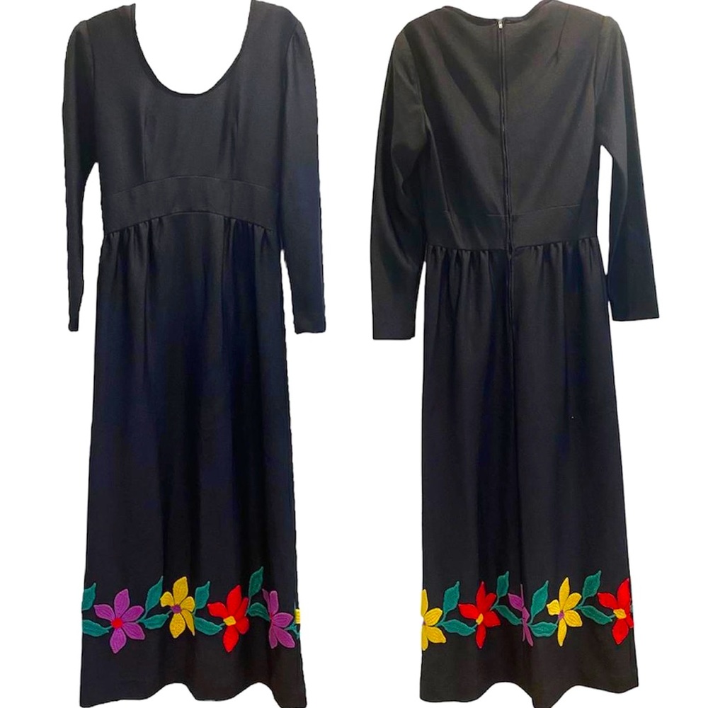 1970s Black Boho Long Sleeve Maxi Dress with Floral Hem